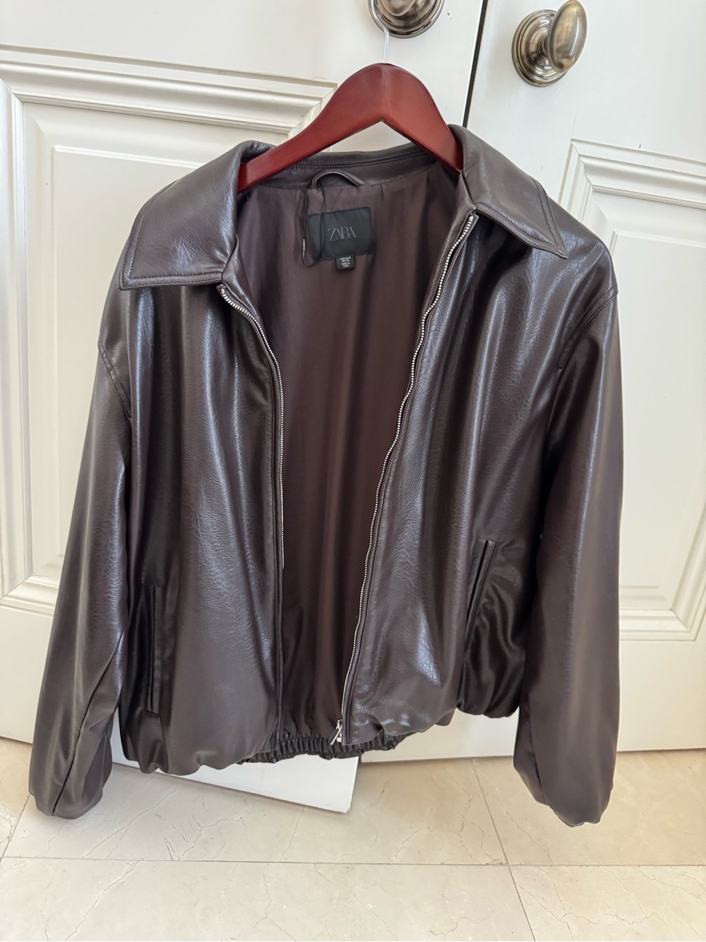 Zara Chocolate Brown Faux Leather Zip-Front Jacket